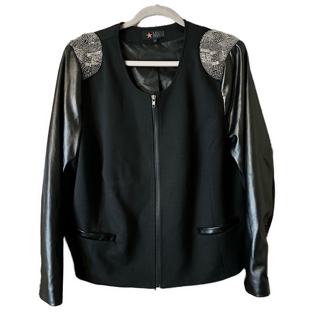 MXM Women’s Black Vegan Zip Up Silver Beaded Shoulders Jacket Sz 22 MJ